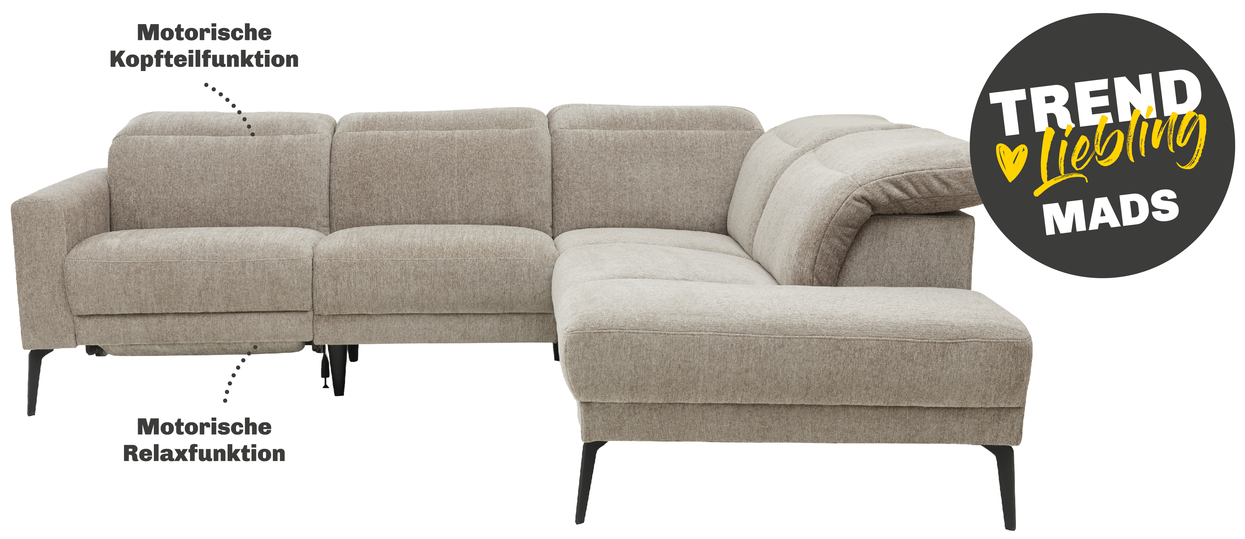 Freigestelltes Ecksofa Mads mit motorischer Kopfteil- und Relaxfunktion.